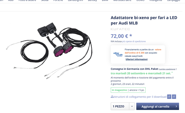 Kufatec Bi-Xenon to LED headlight adapter harness for Audi MLB