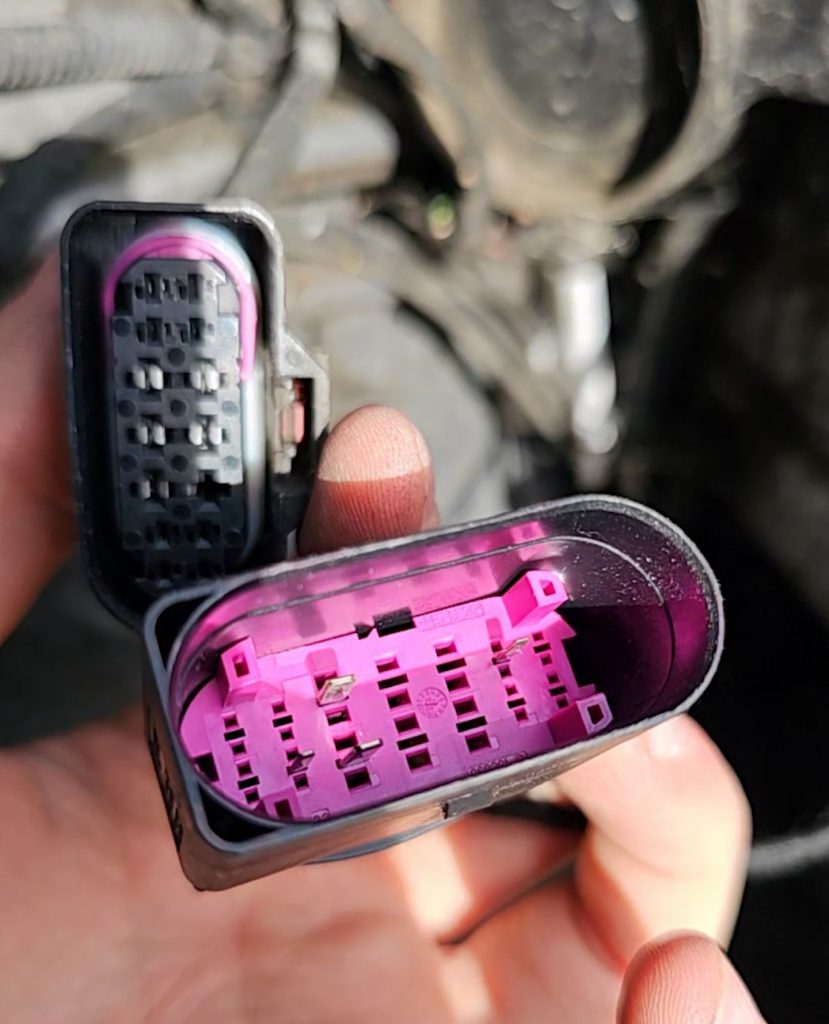 Headlight connectors of the harness held in hand: black car-side connector and purple headlight-side connector