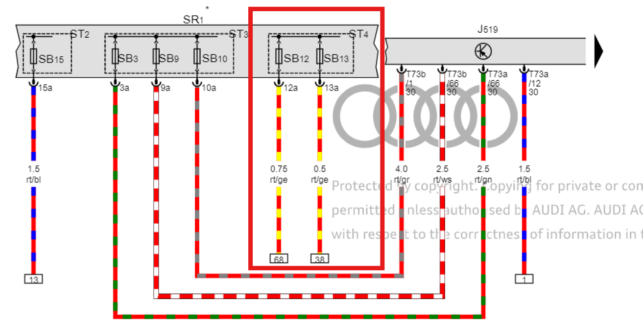 Wiring diagram of fuse carrier SR1 with fuses SB12 and SB13 of holder ST4 highlighted in red