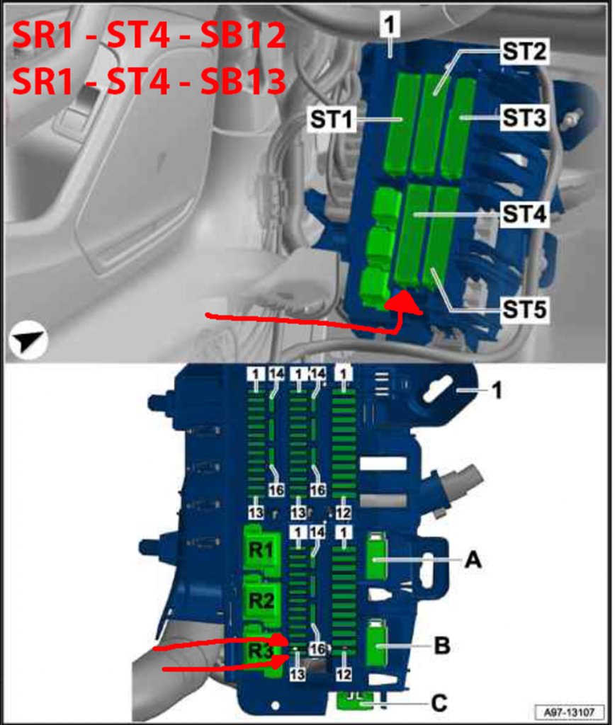 Position of fuse carrier SR1 with fuse holders ST1-ST5 and the SB12 and SB13 slots of ST4 marked with red arrows