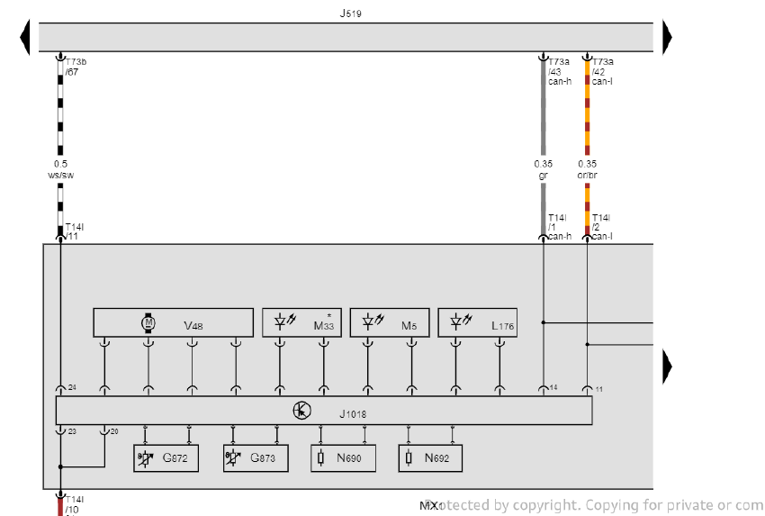 Wiring diagram of left headlight MX1: CAN-H to J519 T73a/43 and CAN-L to J519 T73a/42