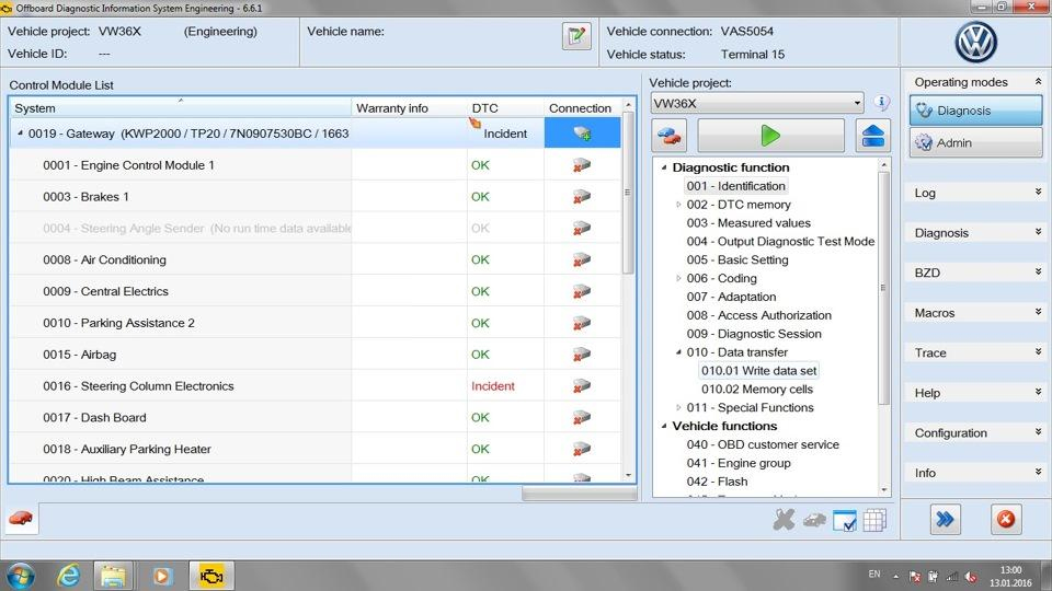 ODIS Engineering with the control module list and the 010.01 Write data set function selected